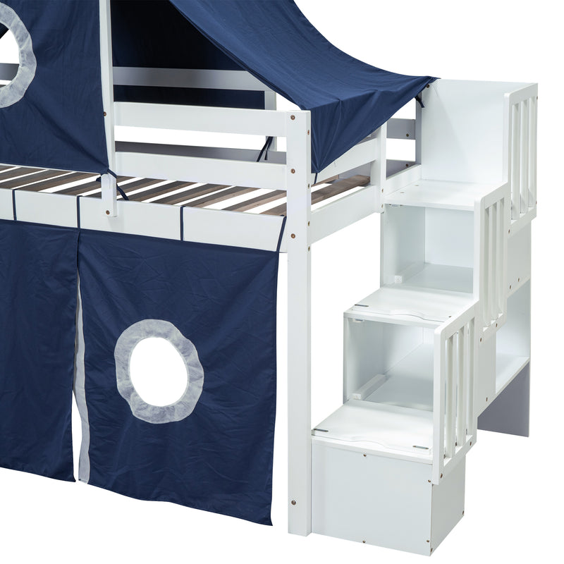 Twin Size Loft Bed with Tent and Tower - Blue