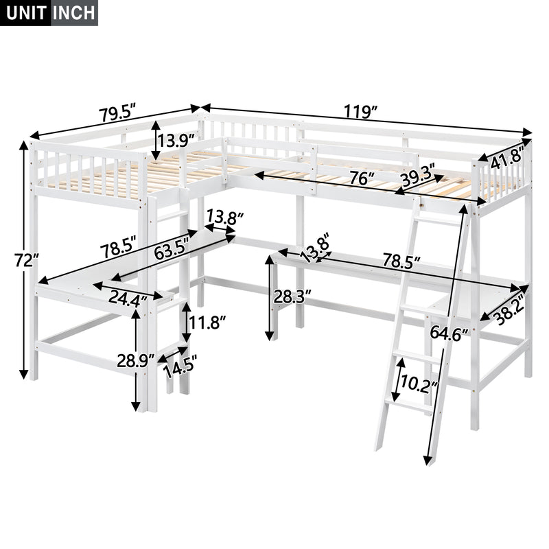 Wood Twin Size L-Shaped Loft Bed with Ladder and 2 Built-in L-Shaped Desks, White