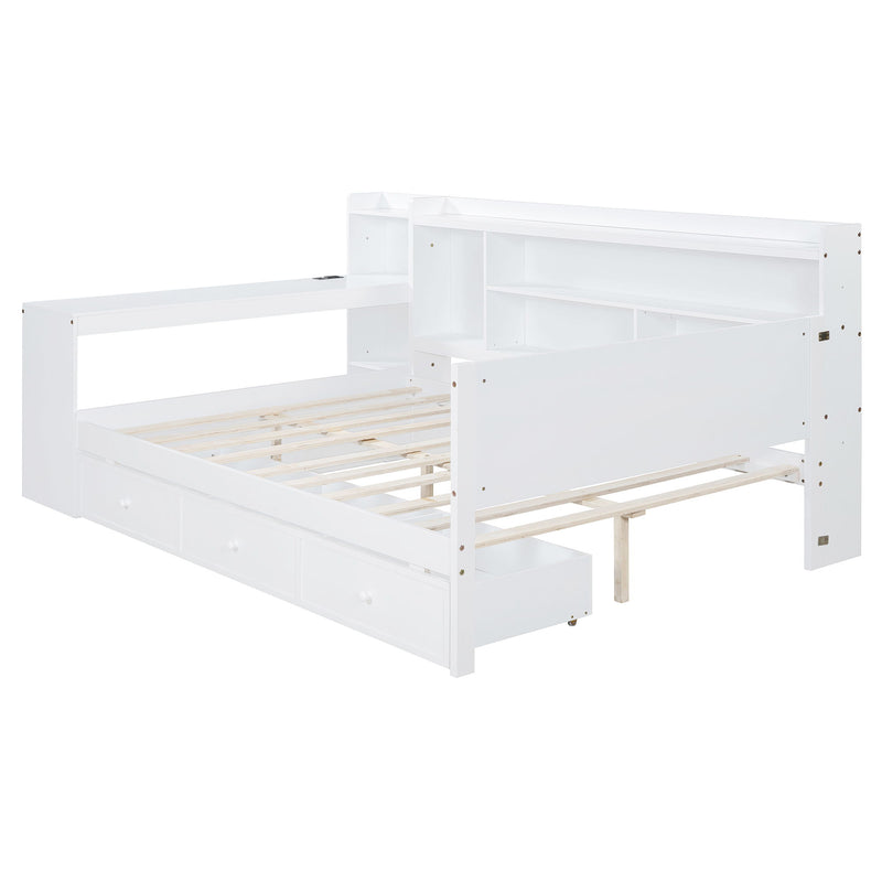 Full Size Wooden Daybed With 3 Drawers, USB Ports And Desk - White