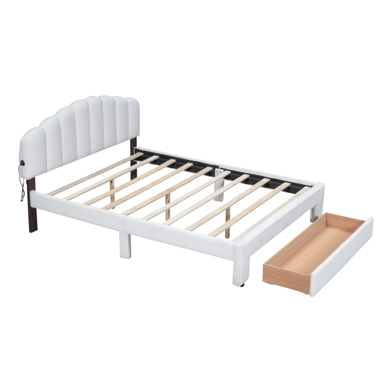 Teddy Fleece Queen Size Upholstered Platform Bed with Drawer, White