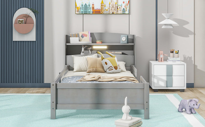 Wood Twin Size Platform Bed with Built-in LED Light, Storage Headboard and Guardrail, Antique Grey