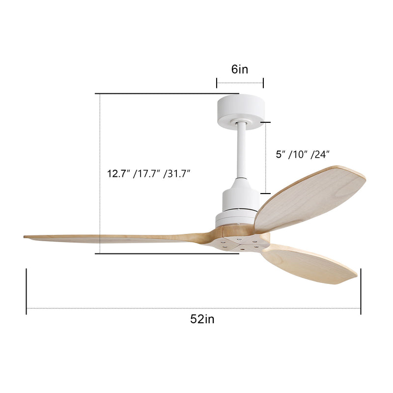 Wooden Ceiling Fan White 3 Solid Wood Blades Remote Control Reversible Dc Motor Without Light - Light Brown / White