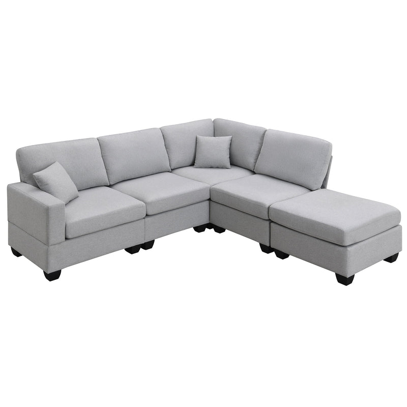 Modern Sectional Sofa, 5-Seat Modular Couch Set With Convertible Ottoman, L-Shape Linen Fabric Corner Couch Set With 2 Pillows For Living Room, Apartment, Office