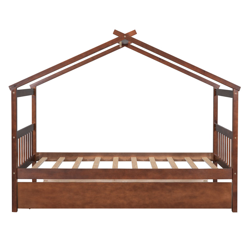 Twin Size Wooden House Bed With Twin Size Trundle Walnut