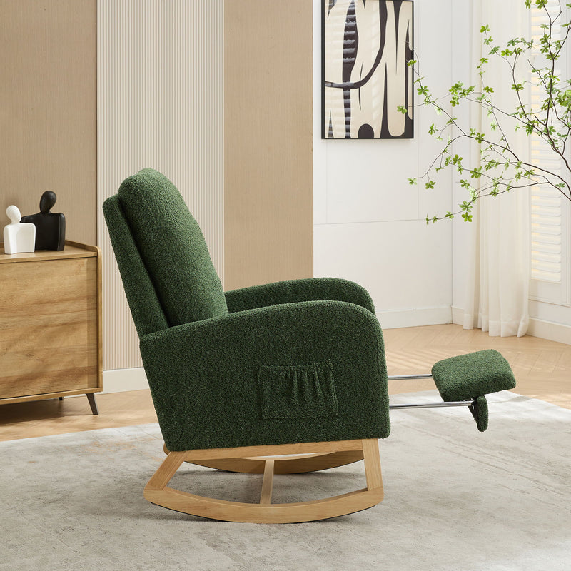 Rocking Chair For Nursery, High Back Glider Chair With Retractable Footrest, Side Pocket, Rocking Accent Armchair With Rubber Wood Legs For Living Room / Bedroom