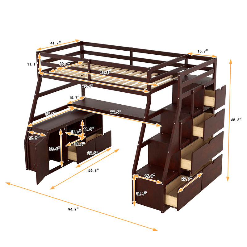 Twin Size Loft Bed with 7 Drawers 2 Shelves and Desk - Espresso