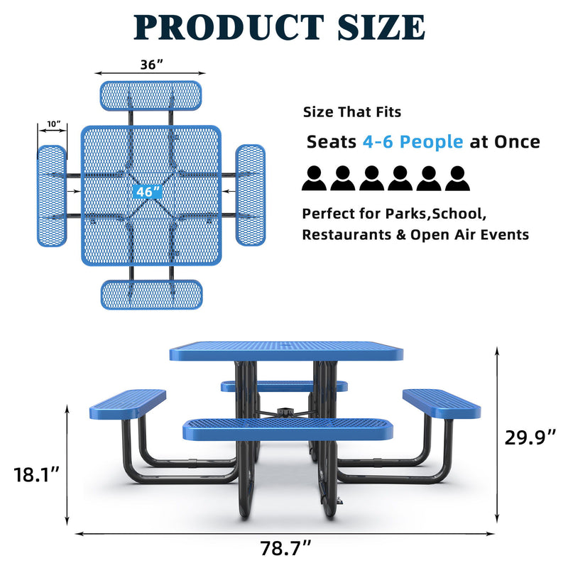 Square Outdoor Steel Picnic Table, With Umbrella Pole - Blue