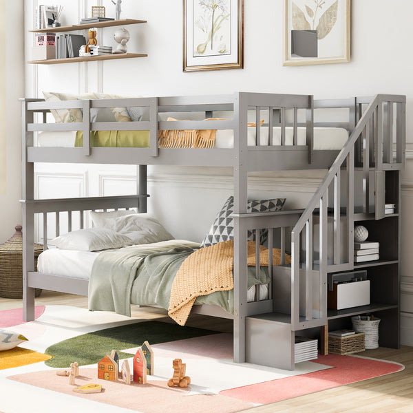 Stairway Twin-Over-Twin Bunk Bed with Storage and Guard Rail for Bedroom, Dorm, Gray color(OLD SKU :LP000109AAE)