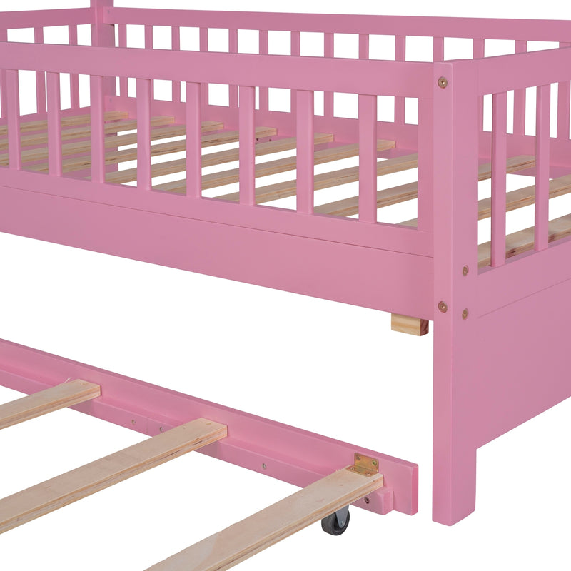 Wooden Twin Size House Bed with Trundle,Kids Bed with Shelf, Pink