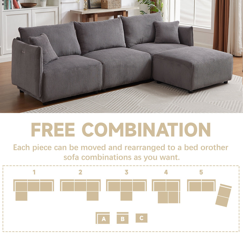 Multi-Module Combination Style Sofa For Living Room, Bedroom And Other Lounge Spaces, Modern Minimalist Corduroy Combination Sofa With 2 Comfort Cushions With USB & C Charging Ports, Two Sets