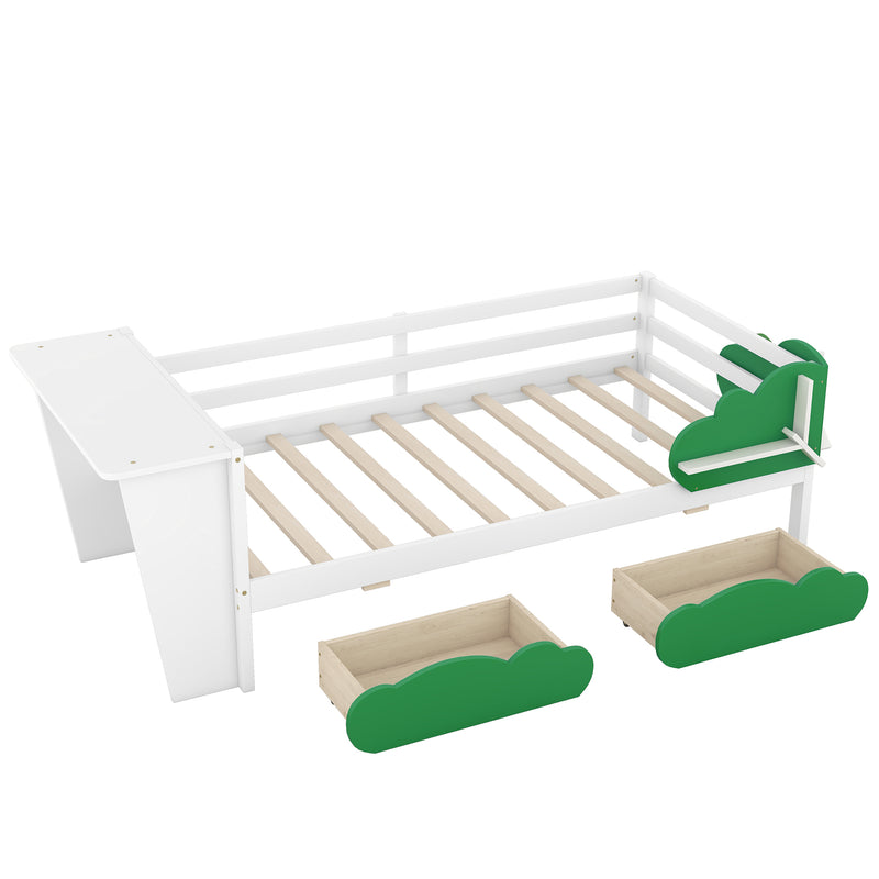 Twin Size Daybed with Desk, Green Leaf Shape Drawers and Shelves, White