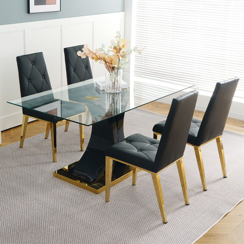 Modern Style Glass Dining Table, Elegant Transparent Design, Solid Support Base, Black Dining Chair Set, Gold-Plated Chair Legs, Suitable For Restaurant Kitchens