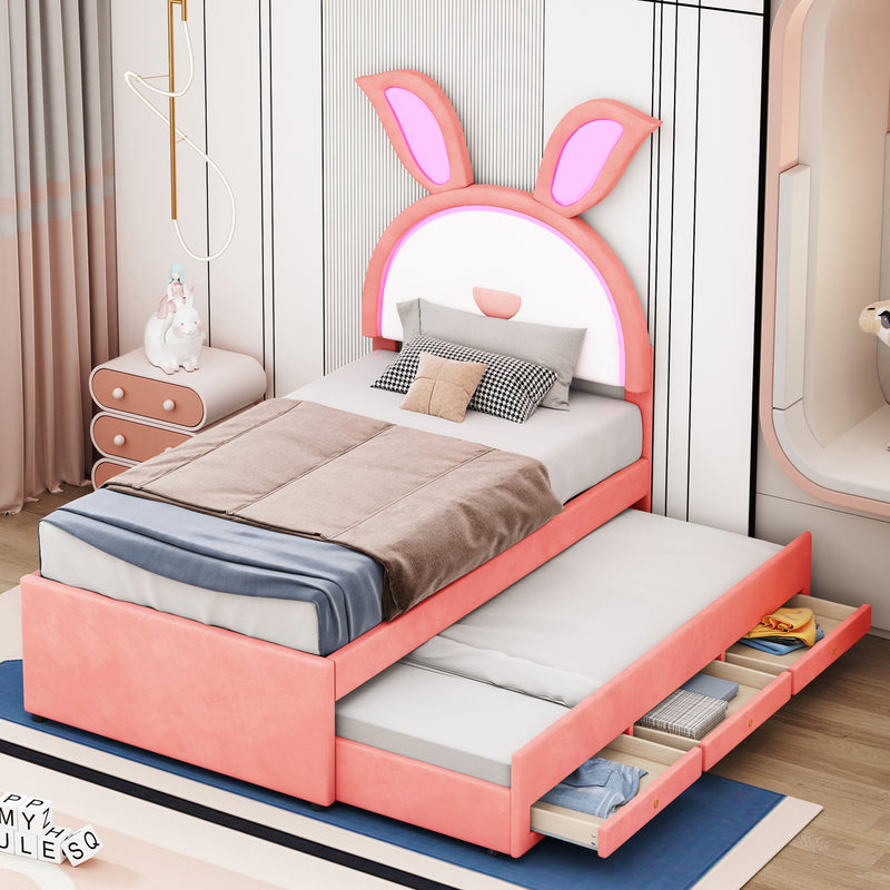 Twin Size Upholstered Platform Bed with Trundle and 3 Drawers, Rabbit-Shaped Headboard with Embedded LED Lights, Pink