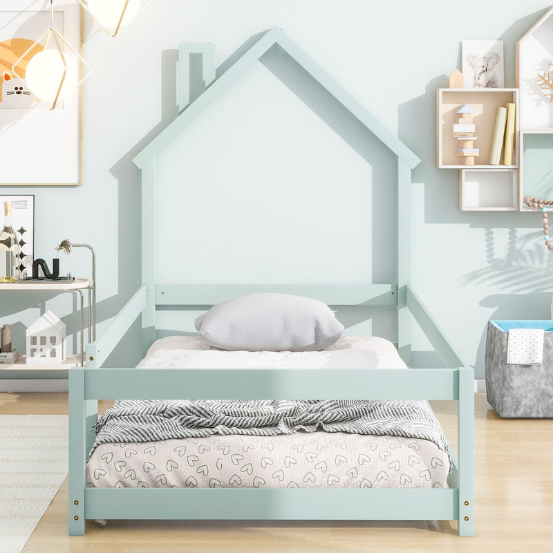 Twin Size Wood bed with House-shaped Headboard Floor bed with Fences,Light Green