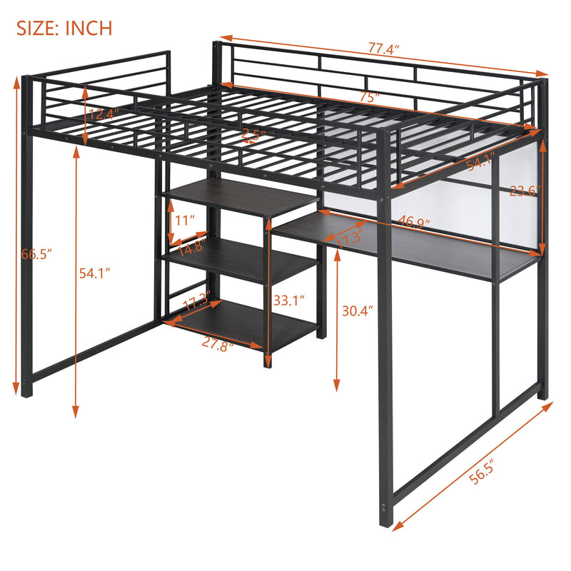 Full Size Loft Bed With Desk And Whiteboard, Metal Loft Bed With 3 Shelves And Ladder - Black