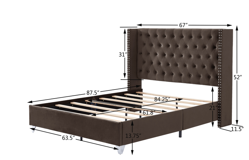 B100S Queen bed with two nightstands, Button designed Headboard,strong wooden slats + metal legs with Electroplate