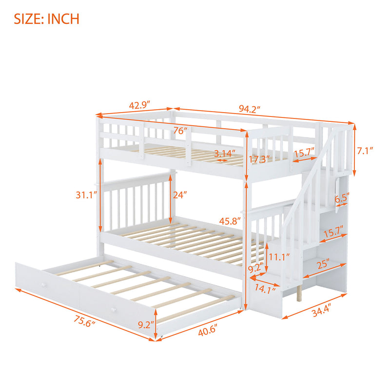 Stairway Twin Over Twin Bunk Bed With Twin Size Trundle For Bedroom, Dorm, Adults - White