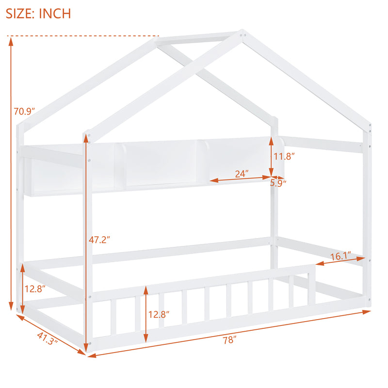 Wooden Twin Size House Bed with Storage Shelf,Kids Bed with Fence and Roof, White