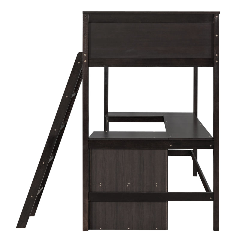 Twin size Loft Bed with Shelves and Desk, Wooden Loft Bed with Desk - Espresso(OLD SKU:LT000537AAP)