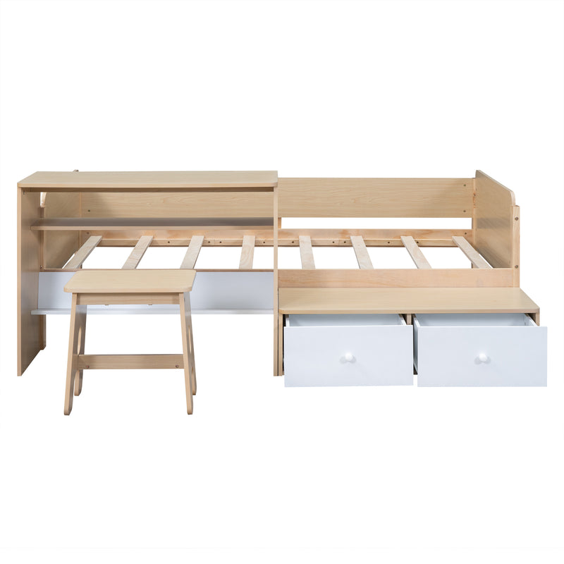 Wood Twin Size Platform Bed with 2 Drawers and 1 Chair&Desk Set, Natural+White