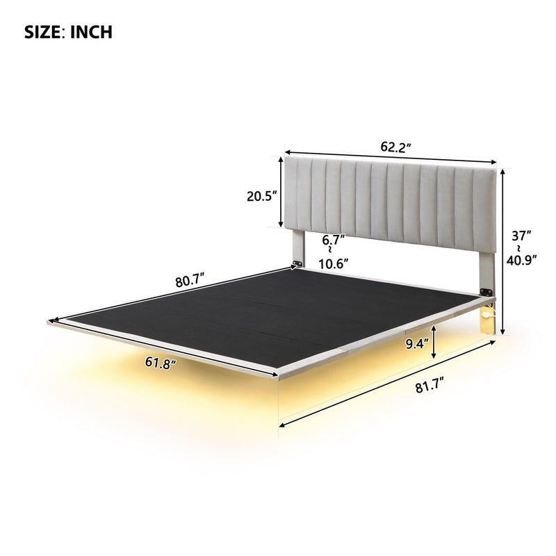 Queen Size Upholstered Bed With Sensor Light And Headboard, Floating Velvet Platform Bed - Gray