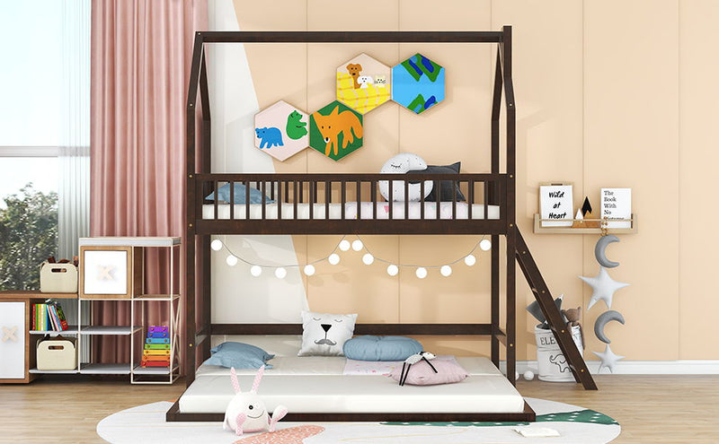 Twin Over Twin-Twin House Bunk Bed With Extending Trundle And Ladder - Espresso