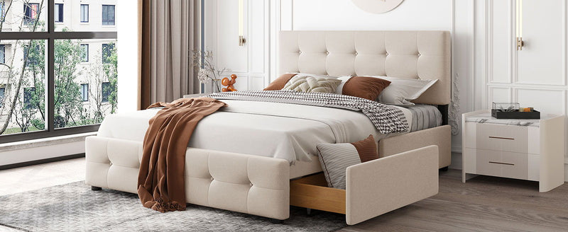 Queen Size Upholstered Platform Bed With Classic Headboard And 4 Drawers, No Box Spring Needed - Beige