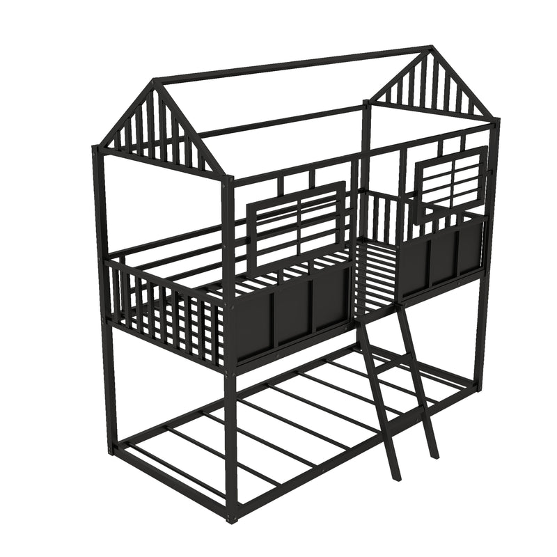 Twin over Twin Size Metal Low Bunk Beds with Roof and Fence-shaped Guardrail, Black