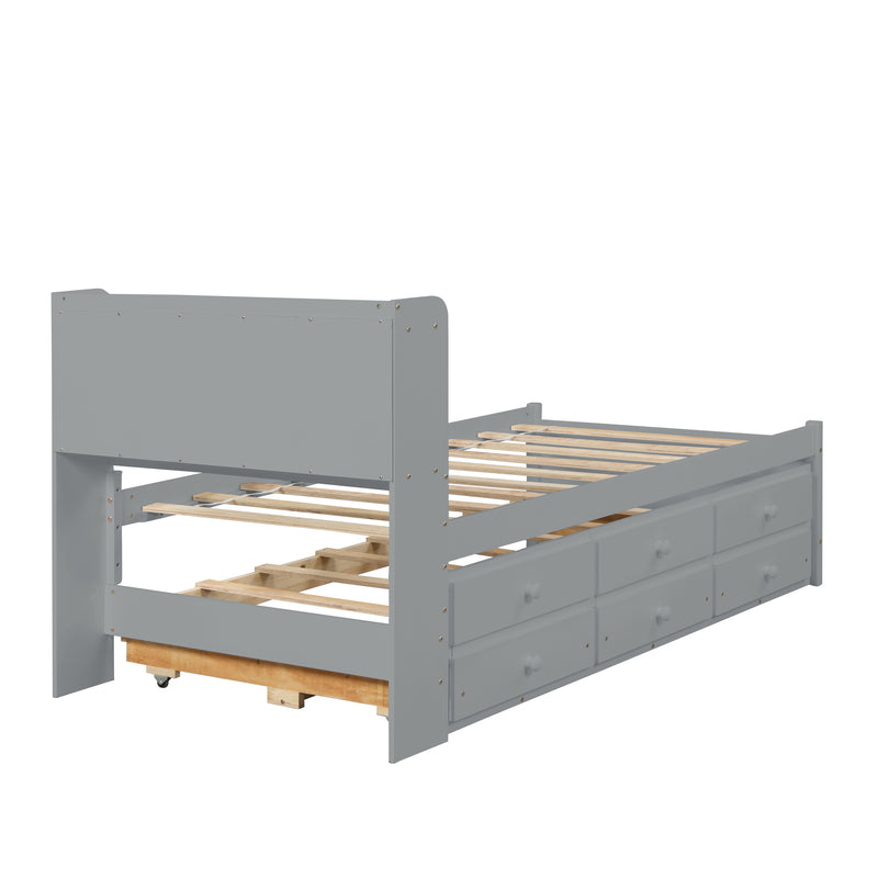 Twin Bed with Twin Trundle,Drawers,Grey