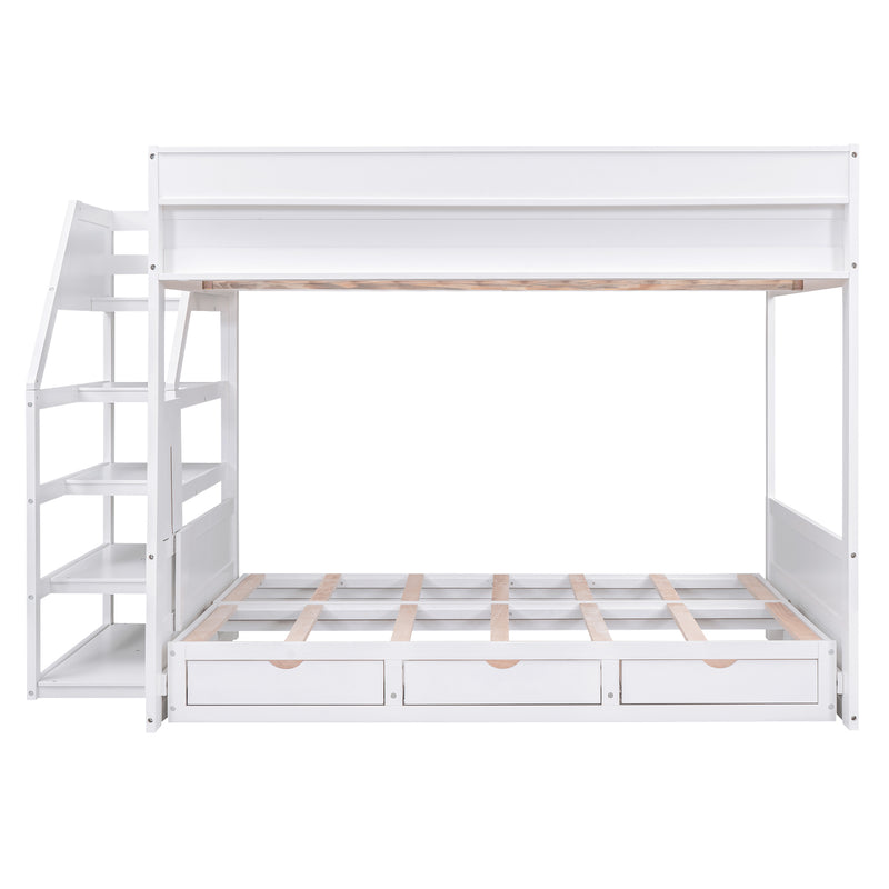 Wood Full Size Convertible Bunk Bed with Storage Staircase, Bedside Table, and 3 Drawers, White