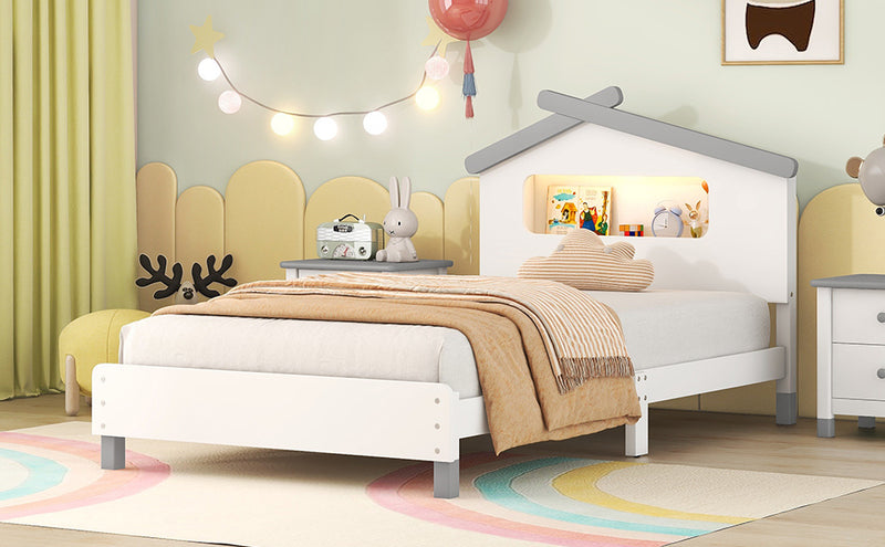 Twin Size Wood Platform Bed with House-shaped Headboard and Motion Activated Night Lights (White+Gray)