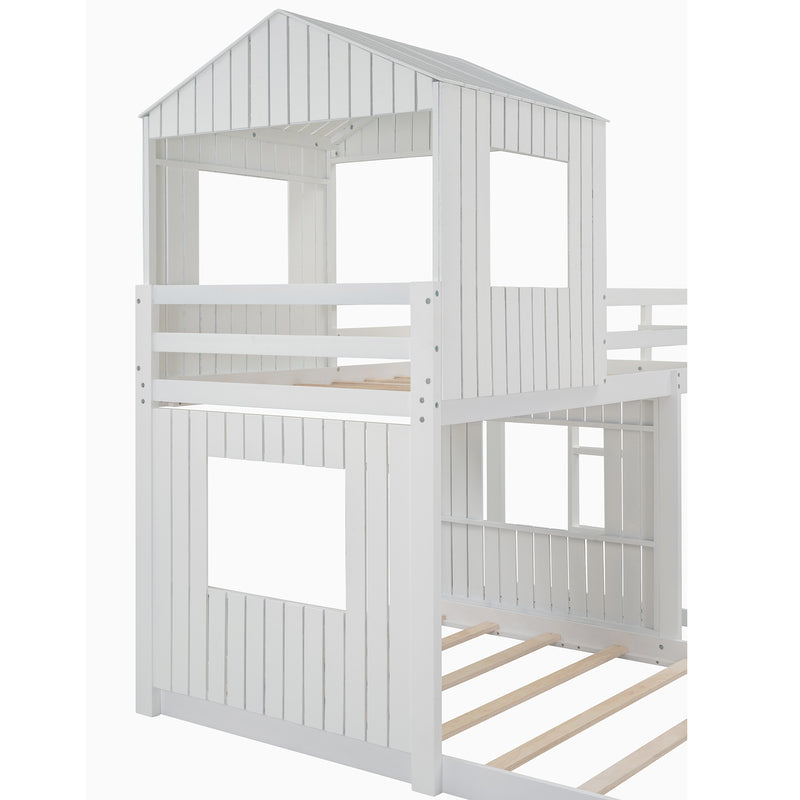 Wooden Twin Over Full Bunk Bed, Loft Bed with Playhouse, Farmhouse, Ladder and Guardrails, White( old sku: LT000027AAK )