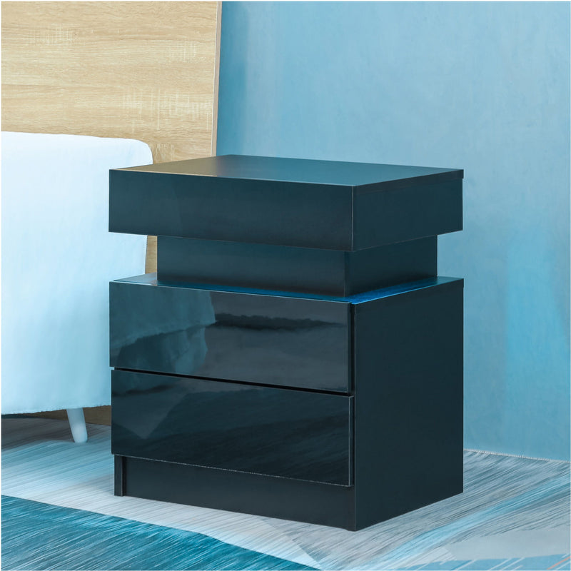 Nightstand With LED Lights Wood LED Bedside Table Nightstand With 2 High Gloss Drawers For Bedroom