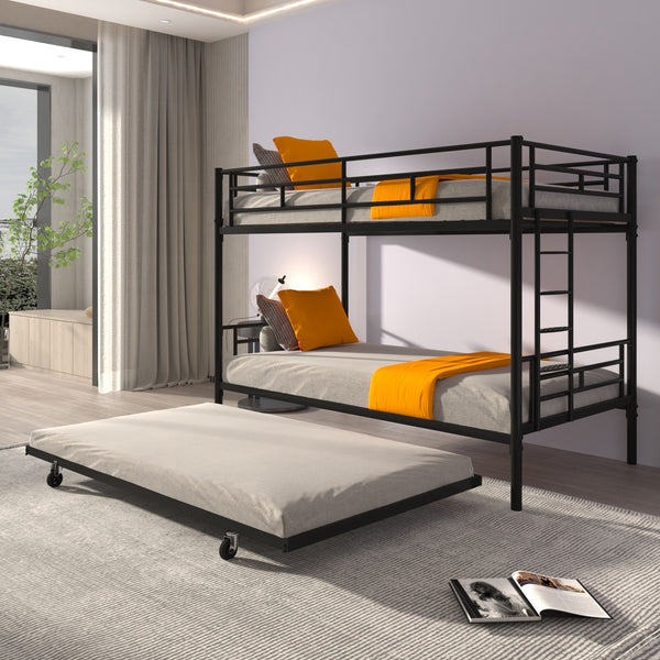 Bunk Bed Twin over Twin with Trundle Black,CPC Certified,No Box Spring Needed,Heavy Duty,Easy to assemble