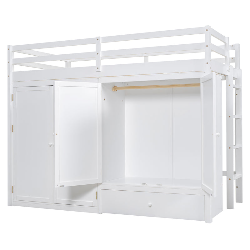 Twin size Loft Bed with Drawer, Two Wardrobes and Mirror, White