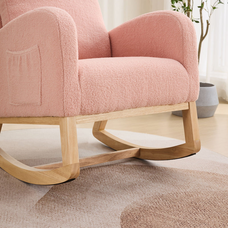 Rocking Chair For Nursery, Sherpa Glider Chair With High Back And Side Pocket, Rocking Accent Armchair With Rubber Wood Legs For Living Room / Bedroom