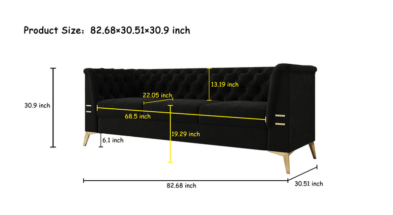 Fx-P83-Bk2 (Sofa) Luxurious Velvet Sofa With Gold Legs, Modern Chesterfield Design, Tufted Upholstery, 3-Seat Couch For Living Room And Office - Black