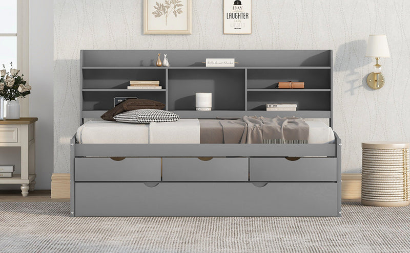 Twin Size Wooden Captain Bed with Built-in Bookshelves,Three Storage Drawers and Trundle,Light Grey