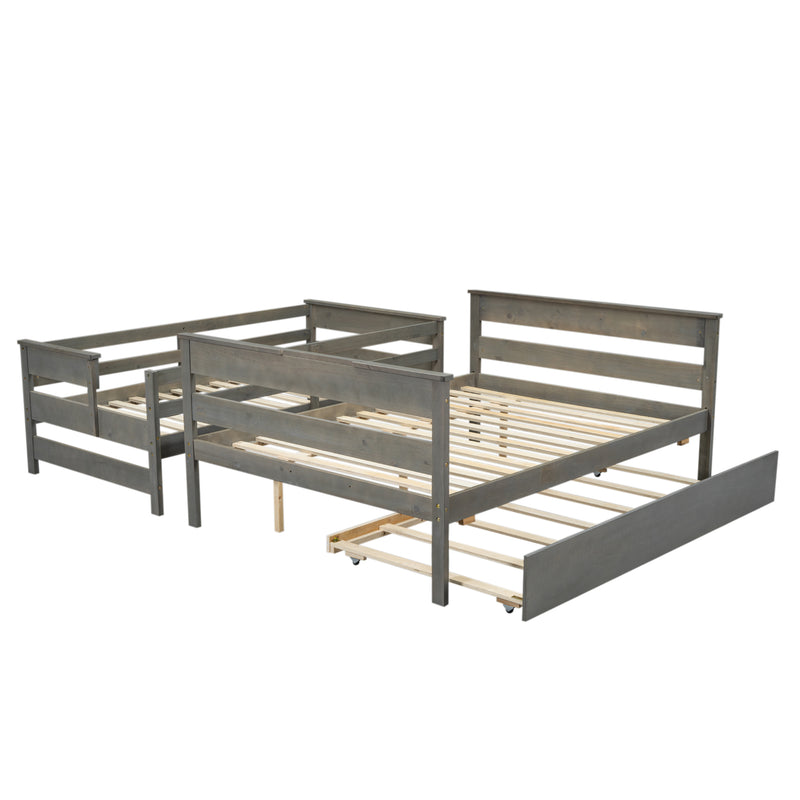 Wood Twin over Full Bunk Bed with Twin Size Trundle, Gray