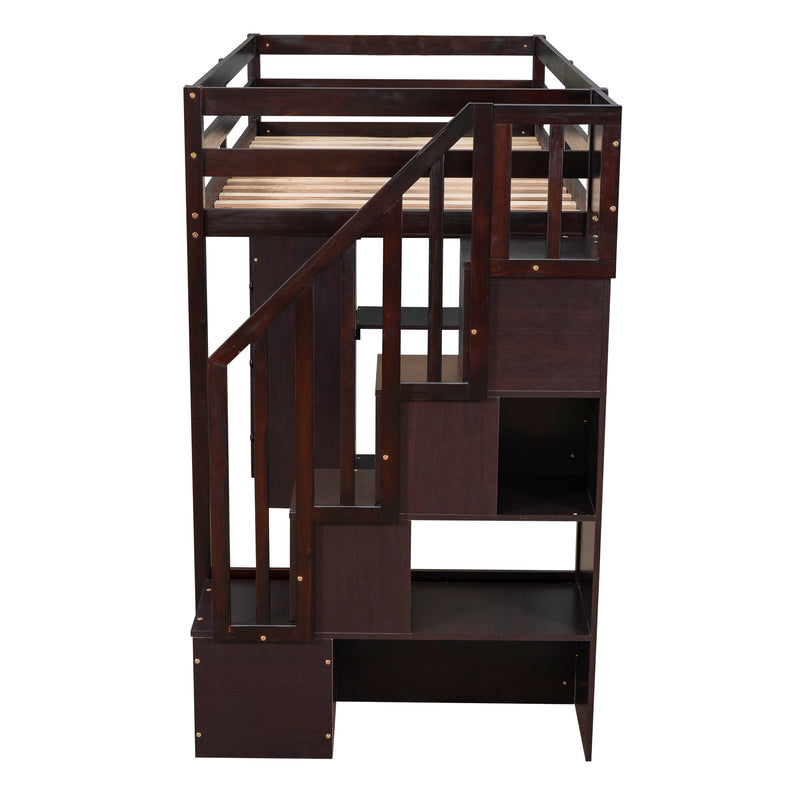 Twin size Loft Bed with Storage Drawers and Stairs, Wooden Loft Bed with Shelves - Espresso