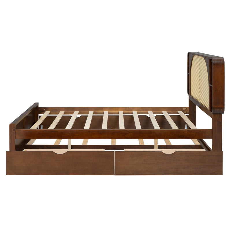 Queen Size Rattan Headboard Bed With Two Drawers And Trundle Walnut