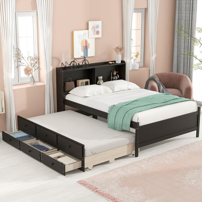 Full Bed With Bookcase, Twin Trundle, Drawers - Espresso