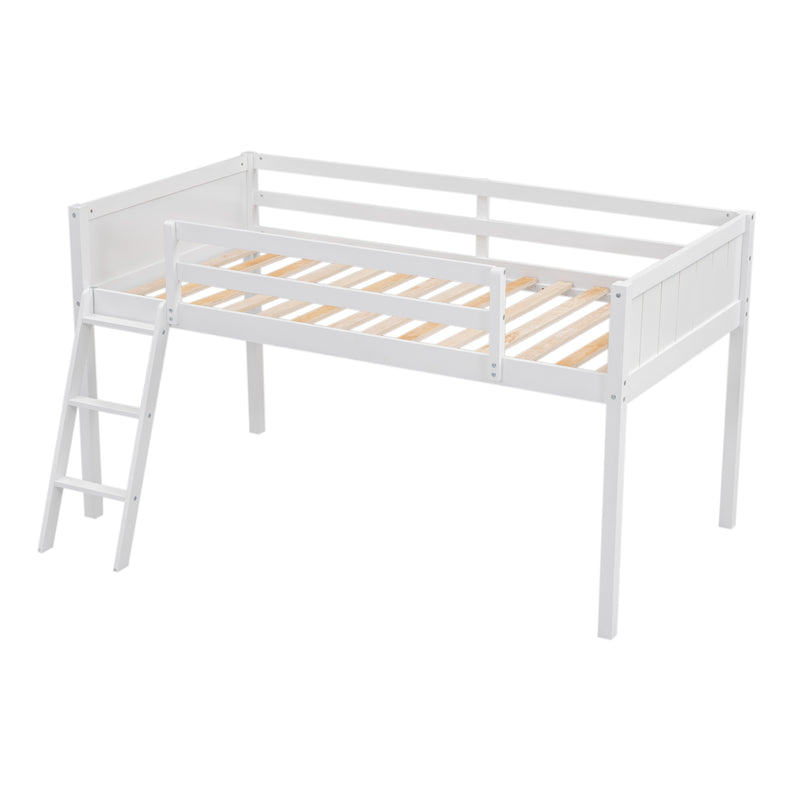 Twin Size Wood Loft Bed with Ladder, ladder can be placed on the left or right, White