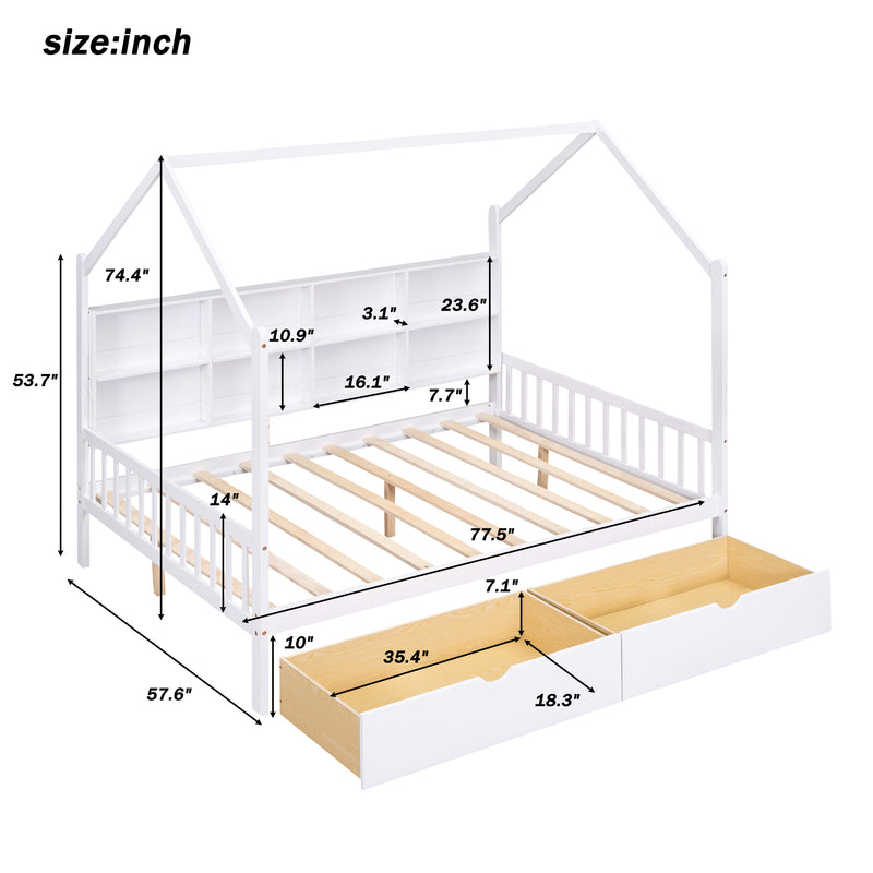 Wooden Full Size House Bed with 2 Drawers,Kids Bed with Storage Shelf, White(Expected Arrival Time: 5.15)