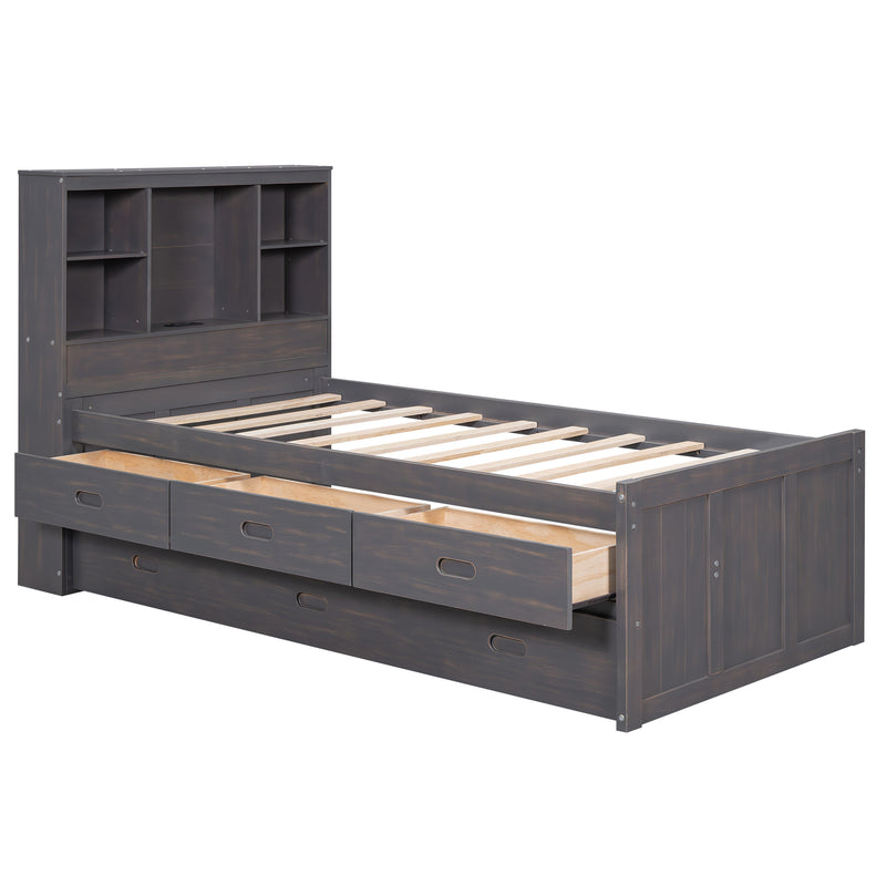 Twin Size Platform Bed with Storage Headboard, Charging Station, Twin Size Trundle and 3 Drawers, Antique Brown