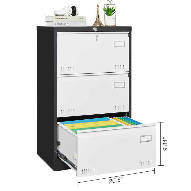 3 Drawer Metal Lateral File Cabinet With Lock, Office Vertical Files Cabinet For Home Office - Black / White