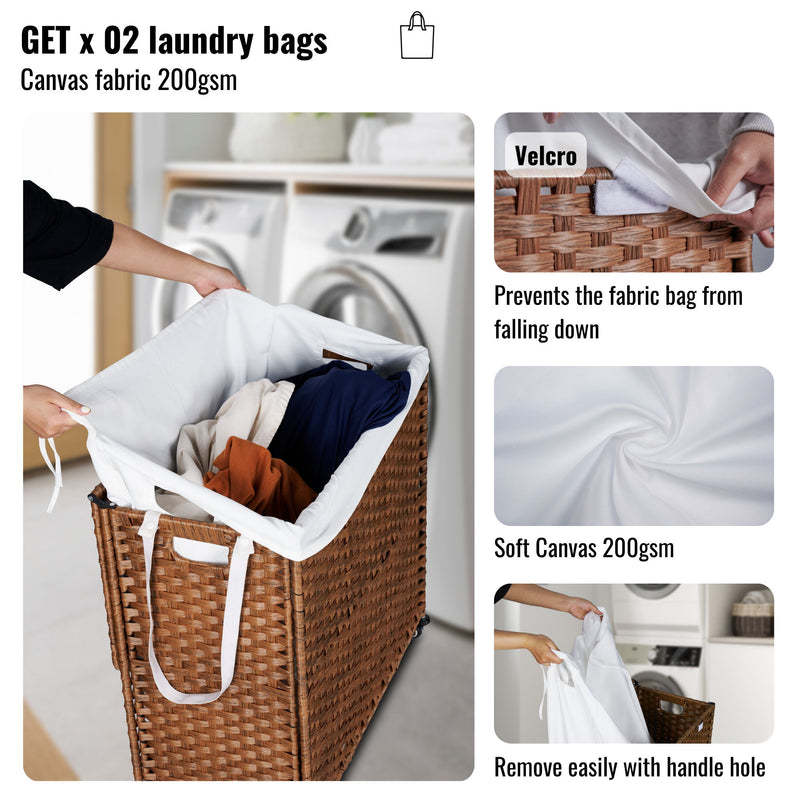 Laundry Hamper With Lid PE Rattan Powder Coating Frame Clothes Hampers With 2 Removable Bags