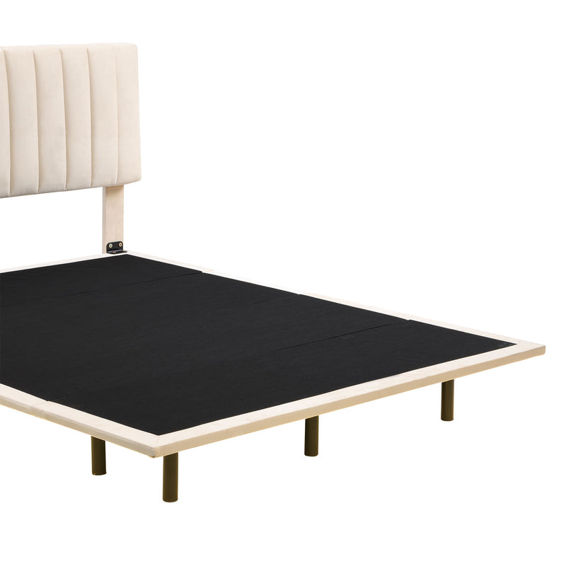 Queen Size Upholstered Bed With Sensor Light And Headboard, Floating Velvet Platform Bed - Beige