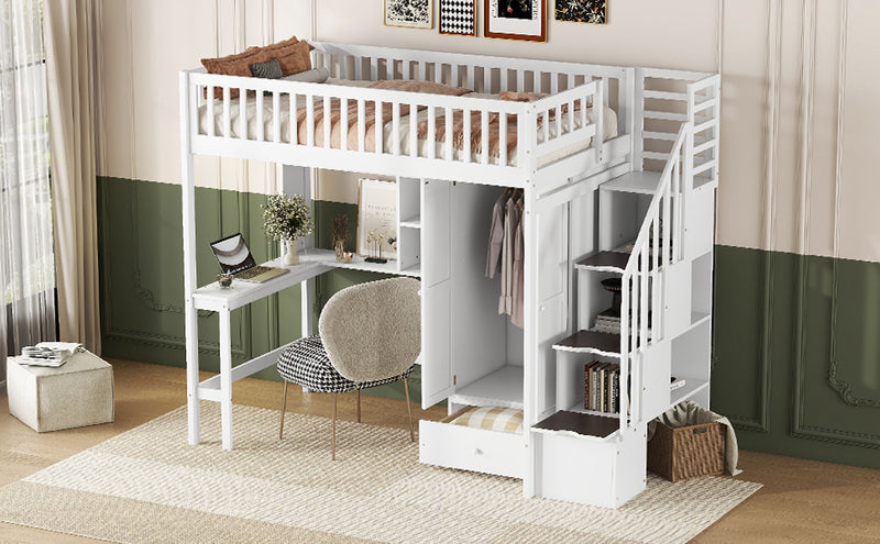 Twin size Loft Bed with Bookshelf,Drawers,Desk,and Wardrobe-White