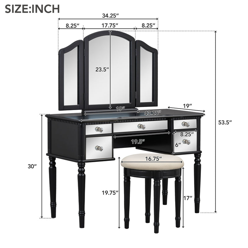 Dressing Table Set With Mirrored Drawers And Stool, Tri-Fold Mirror, Makeup Vanity Set For Bedroom